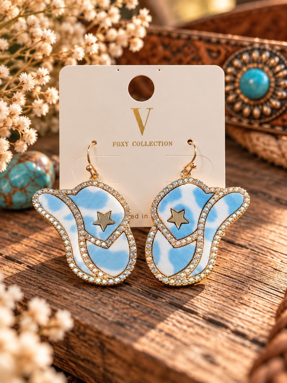 Blue Western Star Earrings - Gold Trim
